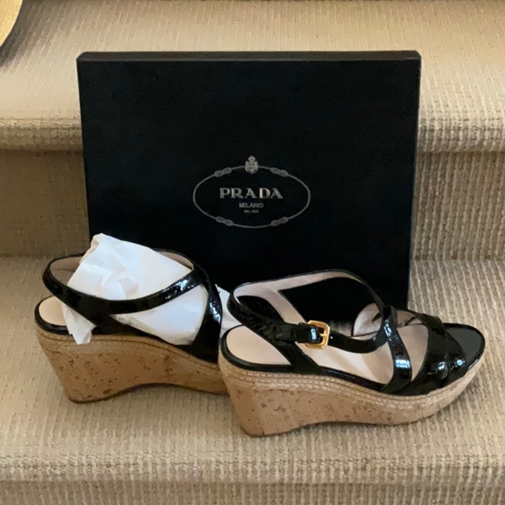 Prada Black Patent Leather Wedge Sandals for Women